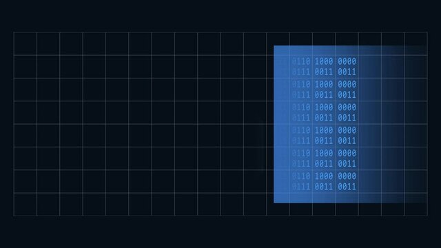 abstract animated background in 4K with grid pattern - movement of spotlight window over random varying 4-digit binary code and padlock in blue color - endless loop