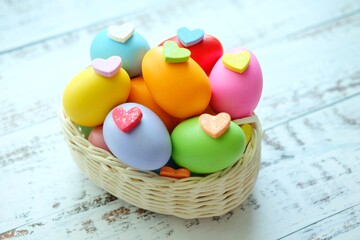 Close up of Colorful Easter Eggs on white wooden background.