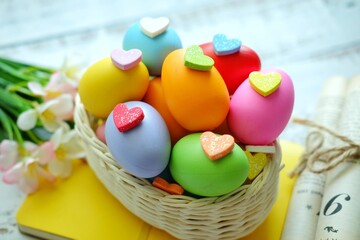 Close up of Colorful Easter Eggs on white wooden background.