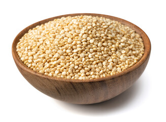 uncooked white quinoa seeds, in the wooden bowl, isolated on pure white background