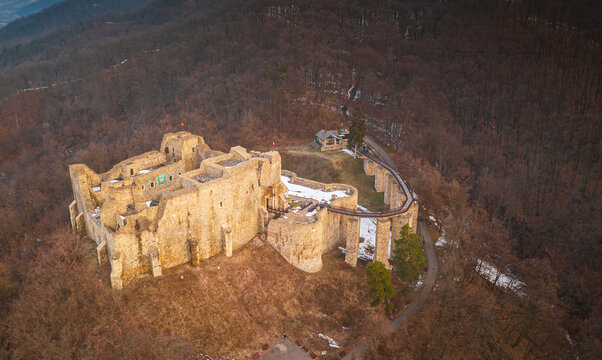 Aerial view ofer Neamt Fortress (Cetatea Neamtului) in Moldova from Romania during a spring sunrise. Landmark photography.