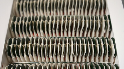 English tea bags arranged in rows, traditional tea packaging concept