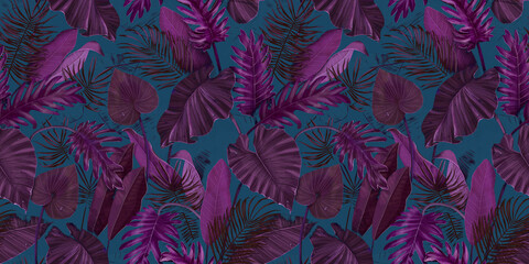 Botanical illustration. Vegetable seamless pattern. Rainforest, jungle. Palm leaves, monstera, colocasia, banana. Hand drawing for design of fabric, paper, wallpaper, notebook covers