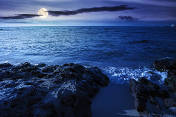 seascape on a sunny morning at night. summer vacation at the sea in full moon light. yellow sand on the beach with rocks in seaweed. fluffy clouds on the blue sky