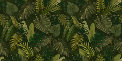 Fototapeta na wymiar Tropical background. Vegetable seamless pattern. Rainforest, jungle. Palm leaves, monstera, colocasia, banana. Hand drawing for design of fabric, paper, wallpaper, notebook covers
