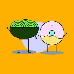 Cute noodle and donut Illustration. modern simple food vector icon, flat graphic symbol in trendy flat design style. food character