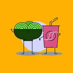 Cute noodle and soda Illustration. modern simple food vector icon, flat graphic symbol in trendy flat design style. food character
