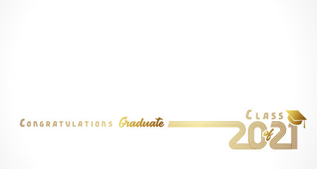 2021 Congratulation Graduate golden design white background. Congratulation Graduate elegant gold lettering typography in academic hat banner. High school or college party poster template