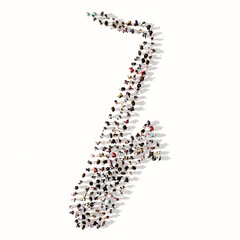 Concept conceptual large community of people forming the image of saxophone on white background. A 3d illustration metaphor for music, concert, accoustic, festival, jazz, lifestyle and entertainment