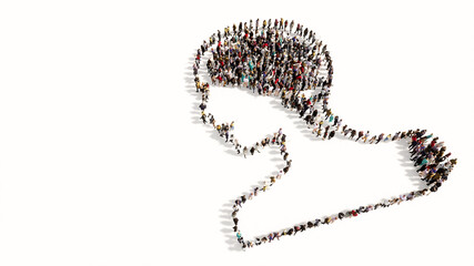 Concept or conceptual large gathering  of people forming an image of a human brain on white background.  A 3d illustration metaphor for science, intelligence, anatomy, neurology, brainstorming