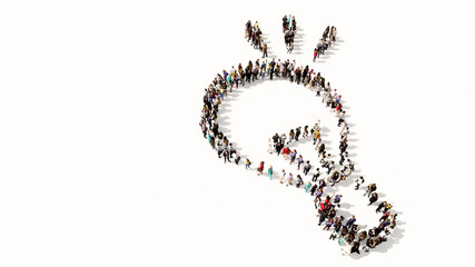 Concept or conceptual large community of people forming the image of a shining lightbulb on white background. A 3d illustration metaphor for creation, inspiration, brainstorming, genius and invention