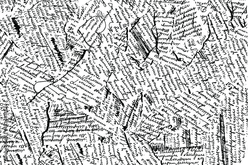 Poster grunge texture of unreadable handwritten text in fragments. scraps of a hand-written letter. vector 