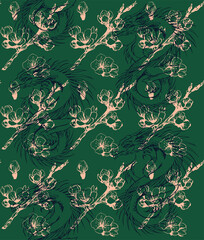 Sakura blossom on dark green background seamless hand drawn pattern