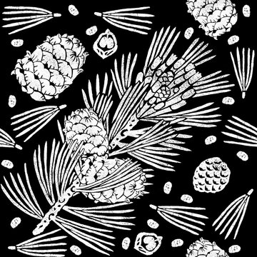 Siberian pine seamless pattern isolated on black, branch, cones, seeds