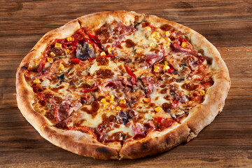 Pizza on a wooden table