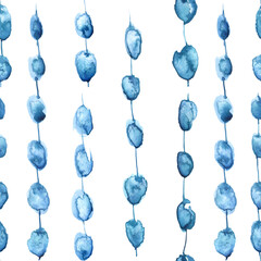 Abstract Seamless Pattern of Stains. Blue beads on a thread. Watercolor Background. Hand Painted Illustration.The polka dot pattern. Blue Transparent polka dots. Watercolor illustration.