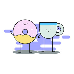 Cute donut and tea Illustration. modern simple food vector icon, flat graphic symbol in trendy flat design style. food character