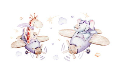 Watercolor purple illustration of a cute animal safary giraffe and fancy sky scene complete with airplanes and balloons, clouds. Baby Boy and girl pattern. baby shower