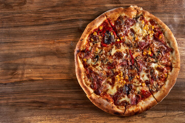 Pizza on a wooden table