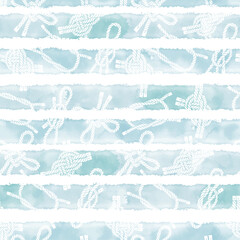 Seamless pattern with marine knots on striped watercolor background. Vector. Perfect for design templates, wallpaper, wrapping, fabric and textile.