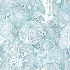 Zee. Abstracte naadloze patroon op het mariene thema op blauwe aquarel achtergrond. Vector. Perfect voor ontwerpsjablonen, behang, verpakking, stof en textiel.