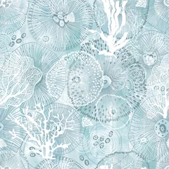 Behang Zee Zee. Abstracte naadloze patroon op het mariene thema op blauwe aquarel achtergrond. Vector. Perfect voor ontwerpsjablonen, behang, verpakking, stof en textiel.