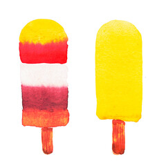 Icecream watercolor set on white background Fruit icecream with berries juice chocolate. Red, brown, yellow, pink, violet, orange. High resolution hand drawn illustration. Food design, summer, print