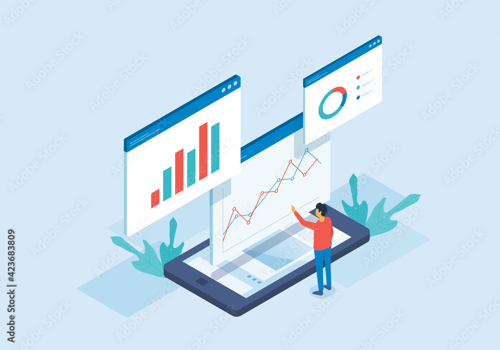 Aufkleber Isometric flat vector web analysis and people working for data analytics and monitoring on web report dashboard monitor and business finance investment concept