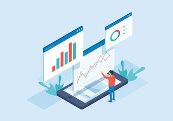 Isometric flat vector web analysis and people working for data analytics and monitoring on web report dashboard monitor and business finance investment concept