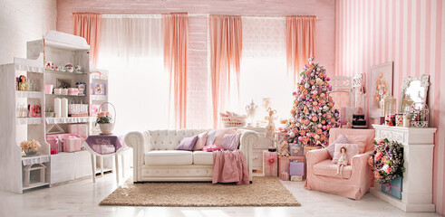 Christmas studio room interior made in pink tones