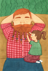 girl braiding daddy's beard