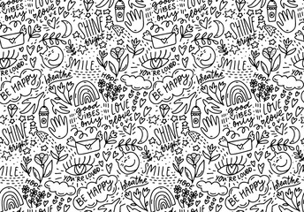 Positive words doodle pattern, lots of hand drawn elements and sayings. Smile, be happy, shine - handwriting text background. Coloring page, cafe wall art texture. Vector line seamless illustration - 423684477