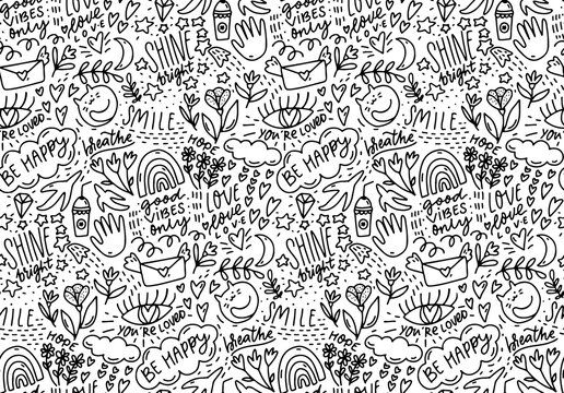 Positive words doodle pattern, lots of hand drawn elements and sayings. Smile, be happy, shine - handwriting text background. Coloring page, cafe wall art texture. Vector line seamless illustration