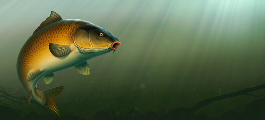 Carp fish (koi) realism isolate illustration. Fishing for big carp, feeder fishing, carp fishing. Carp underwater at the bottom of a river or lake. - obrazy, fototapety, plakaty