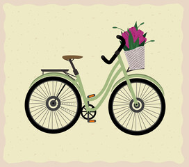 Fototapeta premium A bicycle with flowers in the basket, vintage style bicycle on the the background, flat vector illustration