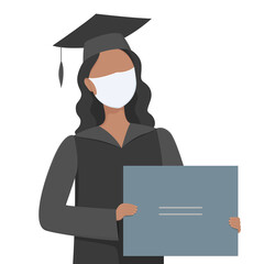 University graduate in mask hold diploma. Post-secondary education Vector illustration.