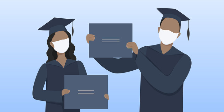 University Graduates In Masks Hold Diplomas. Vector Illustration.