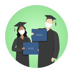 Graduate students in masks and academic caps hold diplomas. Vector icon.