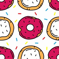 Seamless pattern with bright multicolored donuts, buns and sprinkles on a white background. Vector cartoon doodle illustration for packaging, wallpaper.