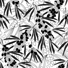 Seamless pattern with branch of sea buckthorn, berries and leaves on white. Vector. Perfect for design templates, wallpaper, wrapping, fabric and textile.