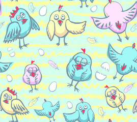 Little chicks hatched from eggs. Newborn birds in a vector seamless pattern in gentle and cute colors. Hand drawn print for toddler boys and girls