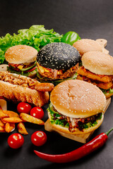 Set of different burgers on a dark background. Still life of burgers and hot dogs on a dark background.
