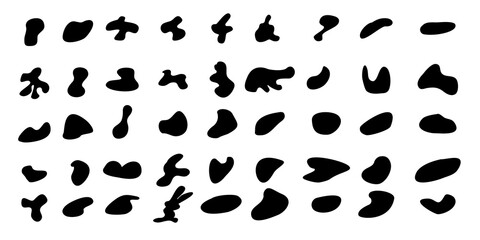 Fototapeta premium Black dynamic abstract shapes of drops, blots, spots, stone. Vector elements liquid shapes, liquid random shapes.