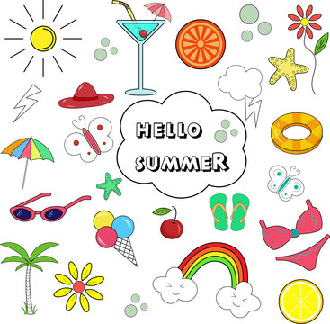 Vector illustration of colorful funny doodle summer symbols, such as ice cream, palm tree, sunglasses, sun, cocktail, hat, butterflies, orange, lightning, starfish, umbrella, cherry, swimsuit, lemon, 