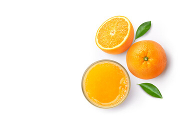 Flat lay (top view) Glass of 100% Orange juice with fruits and  leaf isolated on white background.