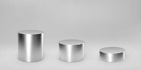 Silver 3d cylinder set front view and levels with perspective isolated on grey background. Cylinder pillar, chrome steel pipe, museum stages, pedestals or product podium. 3d geometric shapes vector