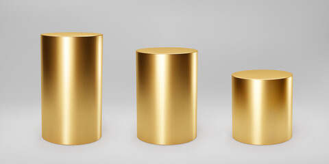 Gold 3d cylinder set front view and levels with perspective isolated on grey background. Cylinder pillar, golden pipe, museum stages, pedestals or product podium. 3d basic geometric shapes vector