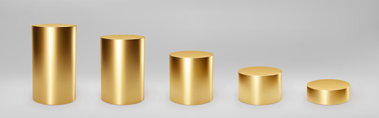 Gold 3d cylinder set front view and levels with perspective isolated on grey background. Cylinder pillar, golden pipe, museum stages, pedestals or product podium. 3d basic geometric shapes vector