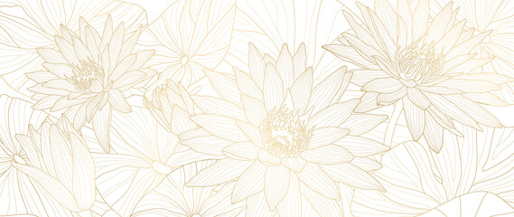 Luxury lotus background vector. Golden lotus line arts design for wall arts, fabric, prints and background texture, Vector illustration.