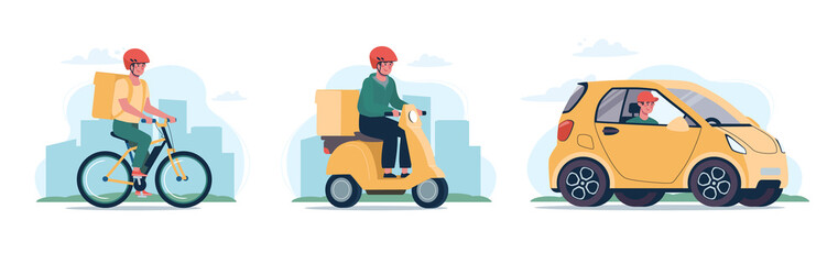 Online delivery service concept, online order tracking, home and office delivery. Bicycle courier, moped and delivery vehicle electric car. Set of vector illustrations in flat style.
